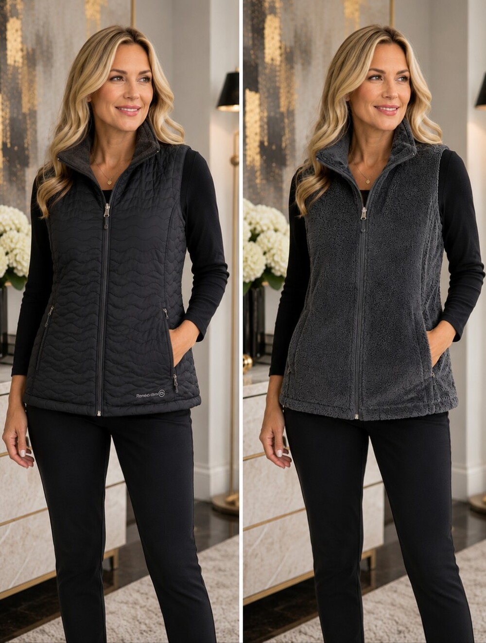 Free Country Reversible Black Quilted/ Charcoal Gray Fur Vest